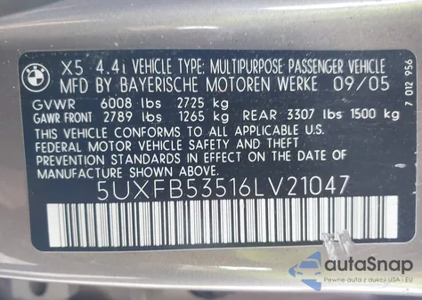 2006 BMW X5 4.4I from USA, damaged, VIN 5UXFB53516LV21047